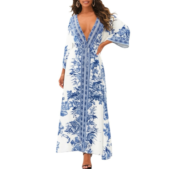 Unbranded Dresses & Skirts - Tropical Floral Plunge Neckline Maxi Dress Size XL Blue White
